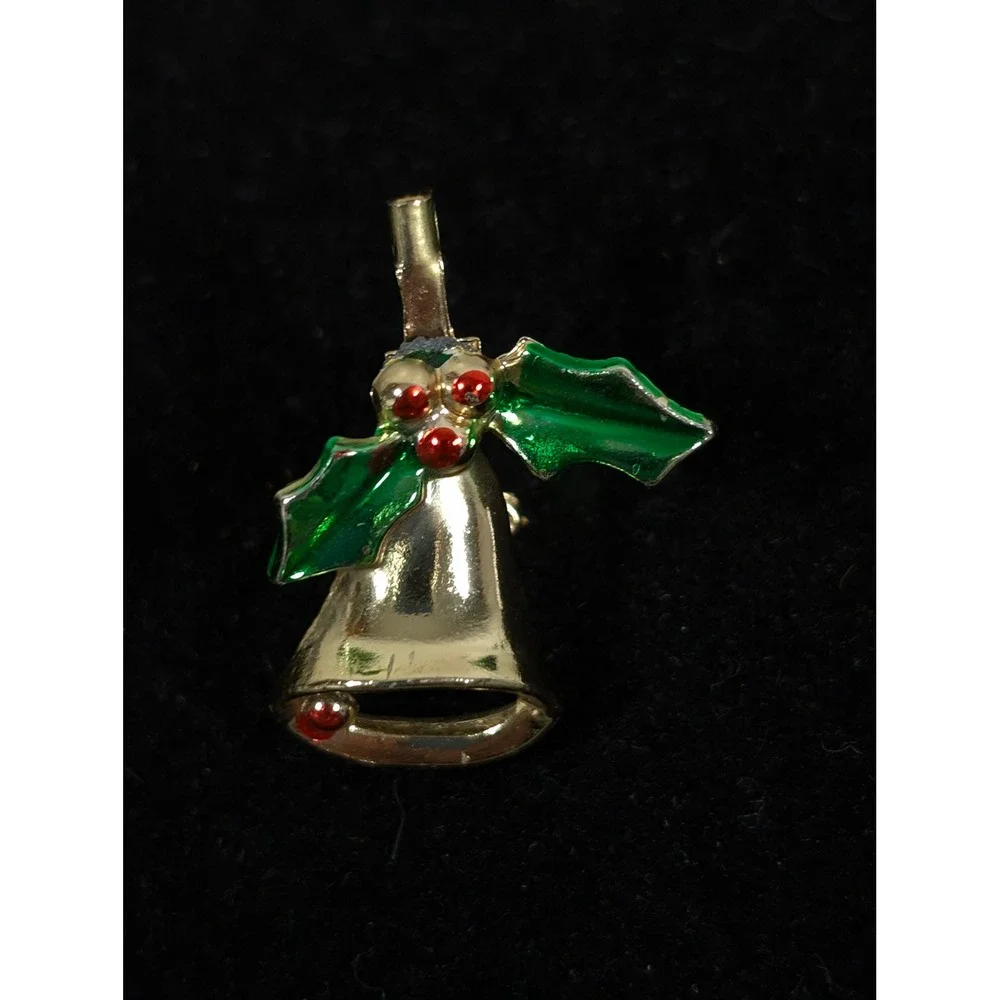 Vintage Christmas Bell Brooch Gold‎ Tone Holly Holiday Pin Retro